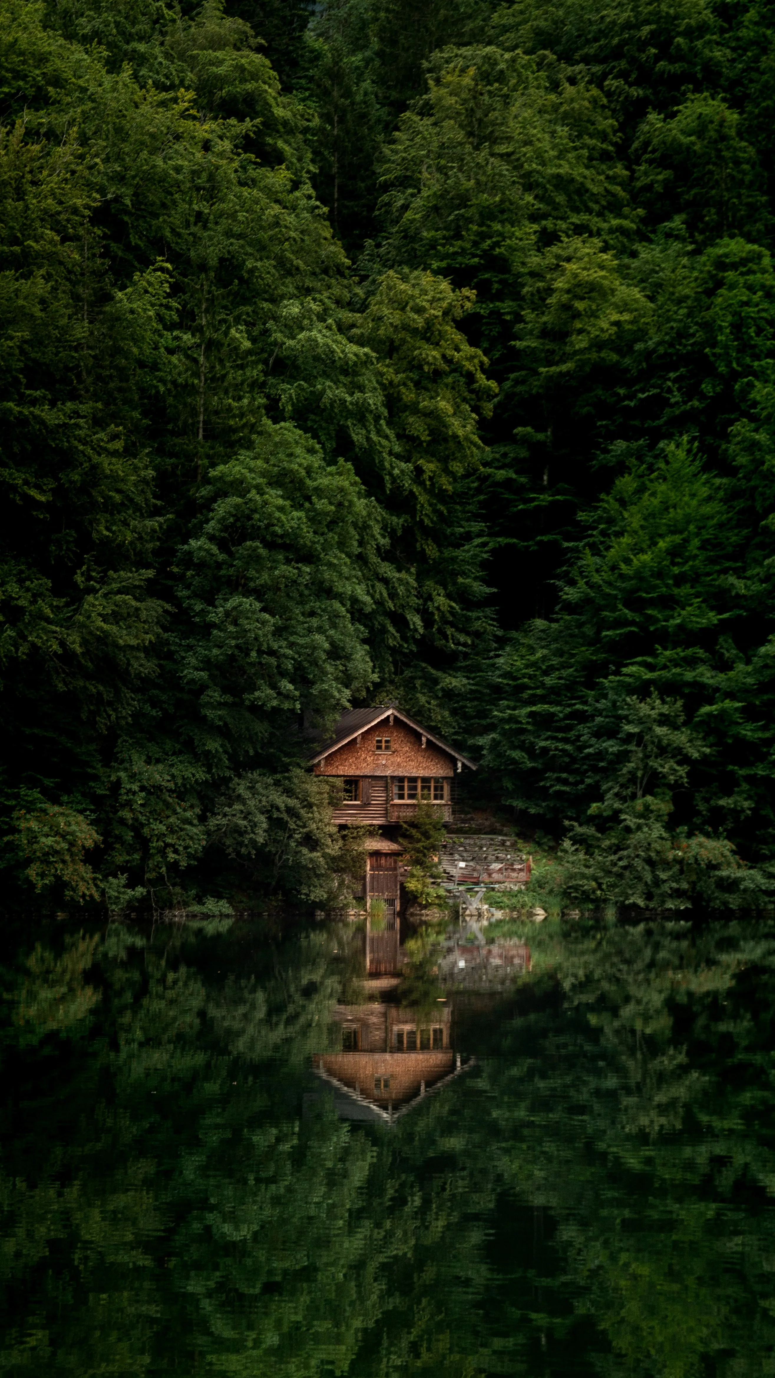 A small log cabin sits at the foot of a steep forested slope, doubled in the dark still water that fills the lower half of this portrait frame.