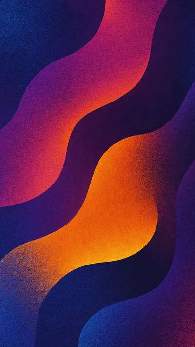 Thick S-shaped bands of magenta, orange and indigo flow down the frame, a film-grain finish taking the digital edge off the colours.