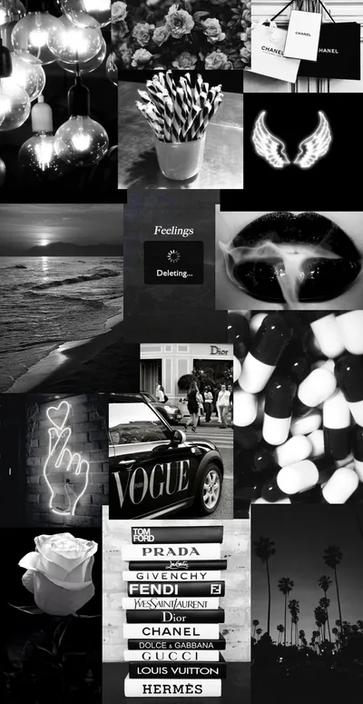 Balloons, a white rose and fashion clippings tile a tall black frame, a list of designer names running across the lower third.