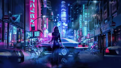 A lone figure with a bag walks between parked cars while shopfront signs in pink and blue light up the wet road ahead.