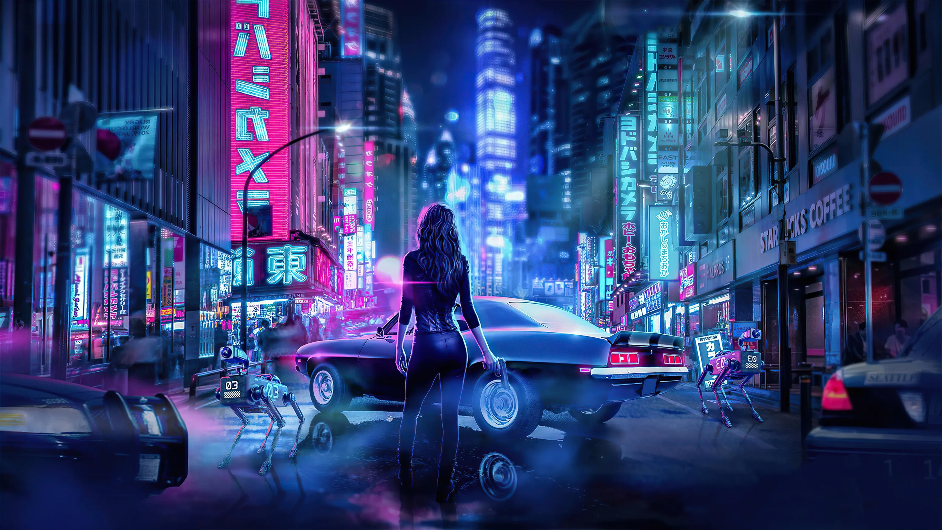 A lone figure with a bag walks between parked cars while shopfront signs in pink and blue light up the wet road ahead.