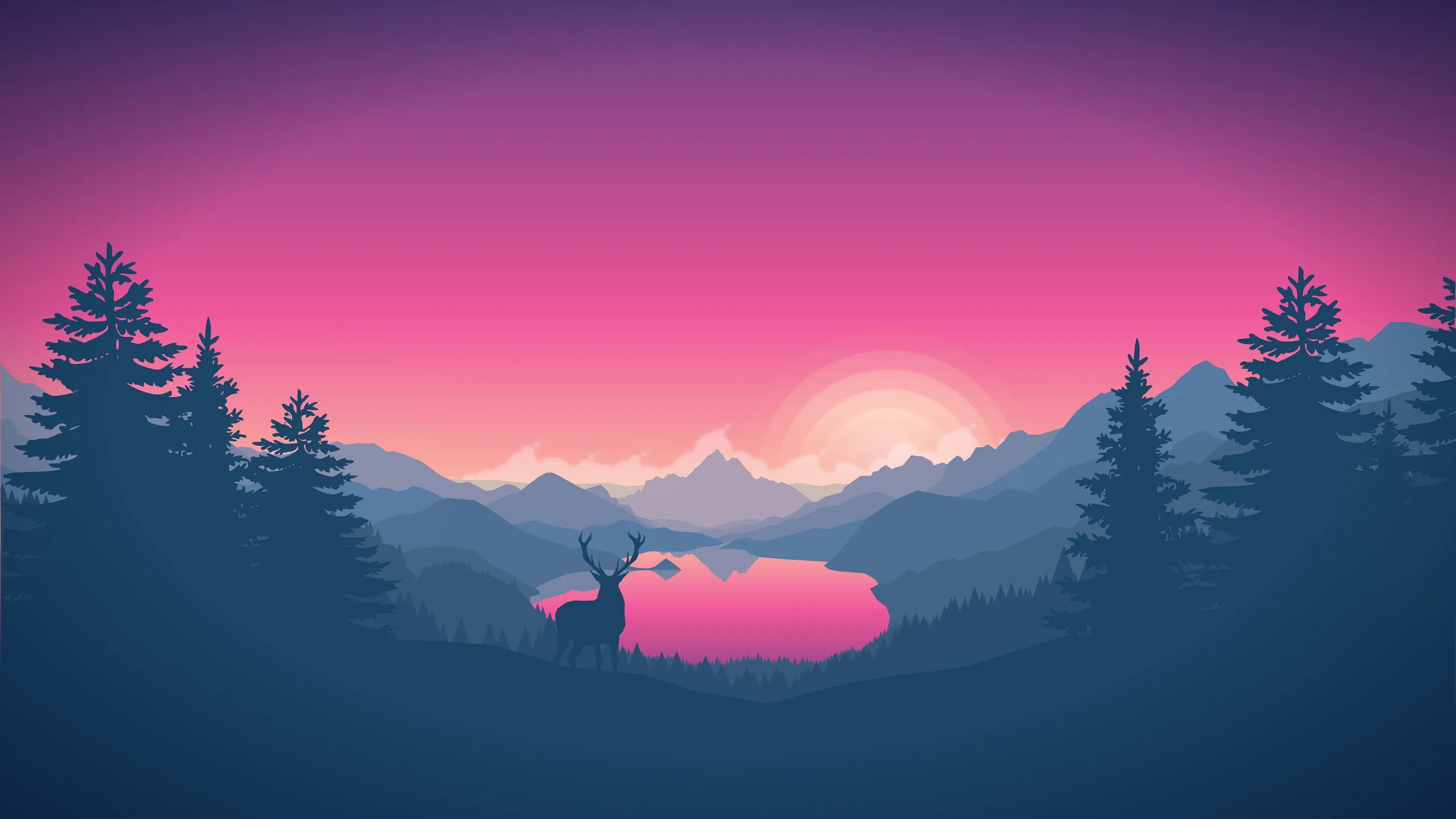 A stag stands at the water edge while the sun drops behind layered mountains, flat vector pines framing both sides in deep violet.