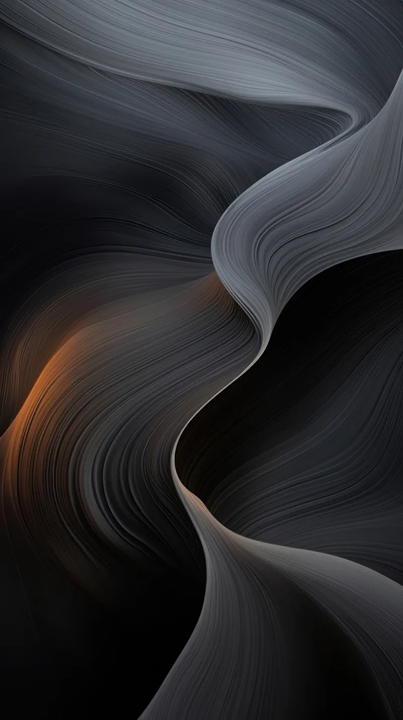 Layered grey waves curl like carved wood grain, a faint amber glow breaking through mid-left while the top edge stays dark for the status bar.