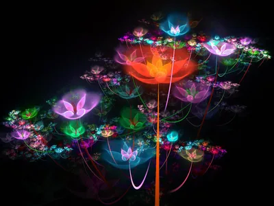 Neon lotus shapes in pink, green and orange bloom off a thin orange stem, every petal traced in light against a completely black backdrop.