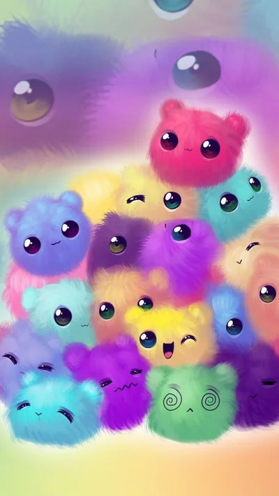 Furry rainbow puffballs with wide glass eyes heap together, while two much larger ones loom blurred at the very top; the palette darkens toward the bottom corners.