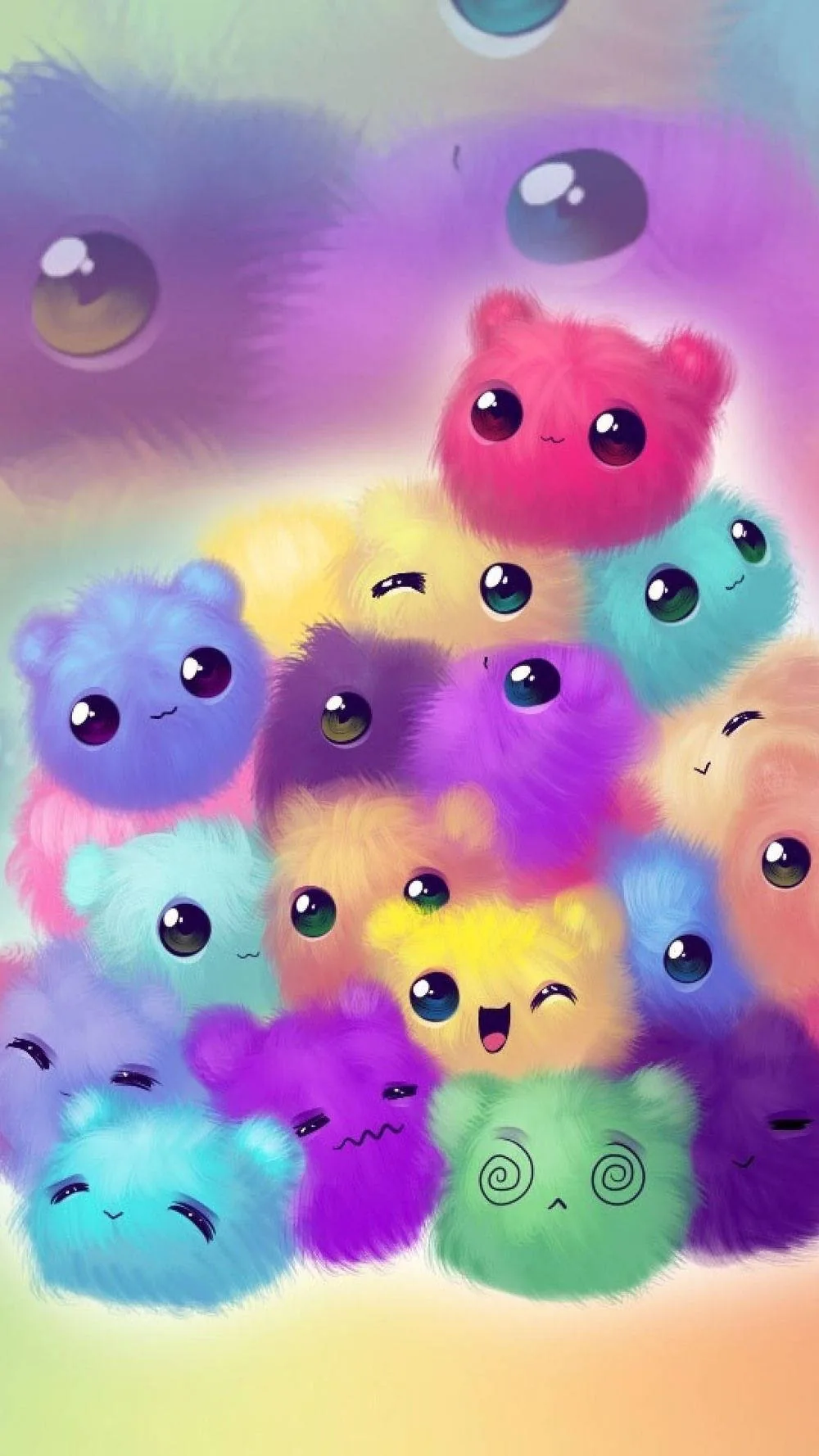 Furry rainbow puffballs with wide glass eyes heap together, while two much larger ones loom blurred at the very top; the palette darkens toward the bottom corners.