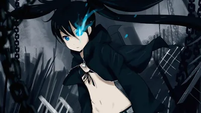 Blue fire trails from her left eye as she stands in a torn black coat, chains and broken girders filling the grey wasteland behind.