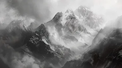 Cloud drags across a snowbound ridge so only the sharpest rock faces break through, the valley below dissolving into flat grey.