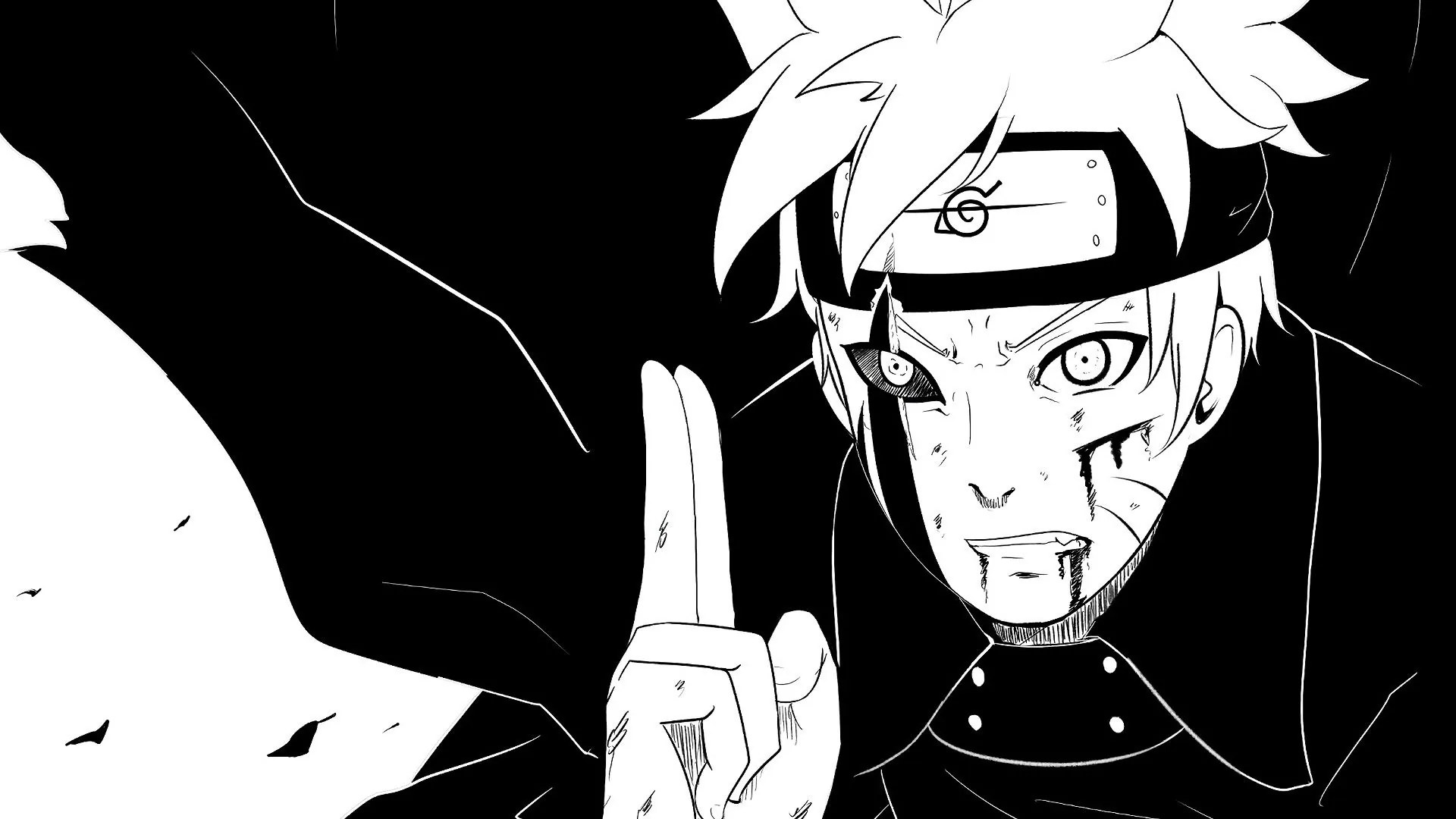 Naruto raises two fingers in a hand sign, drawn in flat manga inks with a hard white background and heavy black shadow along the left.