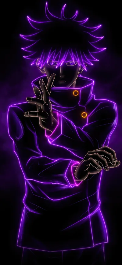 Drawn as a glowing purple outline on black, arms crossed with fingers set in a hand sign, the tall frame leaving room above his head.