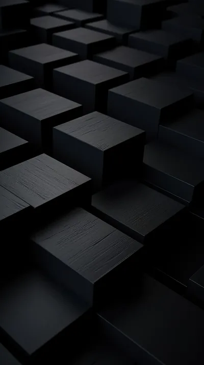 Matte cubes sit at staggered heights across a receding grid, their top faces catching a weak light from above.