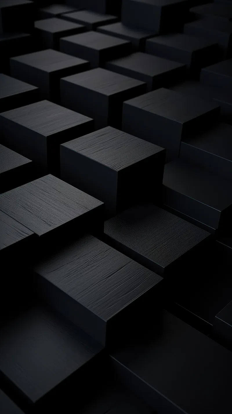 Matte cubes sit at staggered heights across a receding grid, their top faces catching a weak light from above.