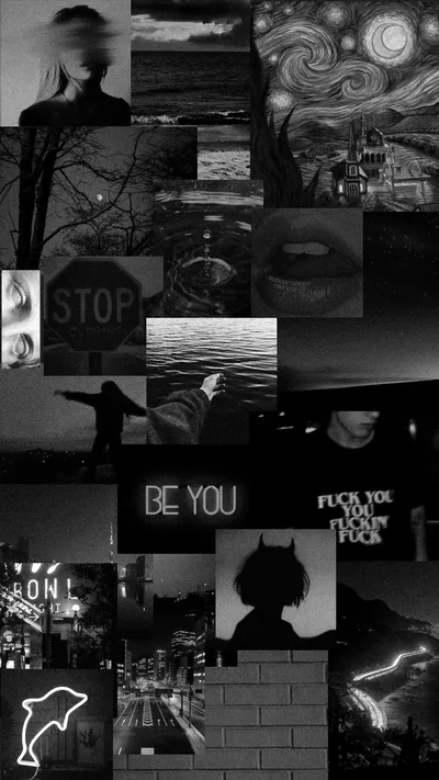 Torn photos, graffiti and a bold BE YOU sign pack the frame in grey and white, the swirling night sky print anchoring the top corner.