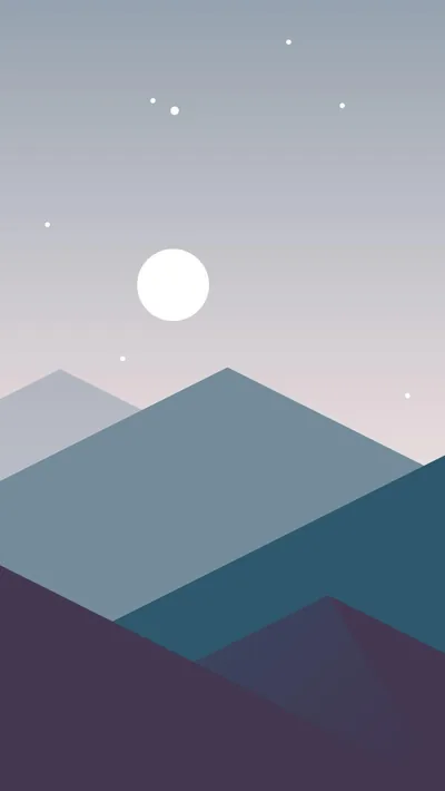 Flat vector peaks in dusty blue and plum sit below a pale lavender sky, a white moon hanging upper-left among a few tiny stars.