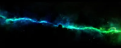 A thin nebula band stretches across this ultrawide frame, shifting from deep blue on the left to bright green on the right, with black space above and below.