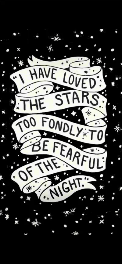 A ribbon banner carries the line about loving the stars in hand-lettered white, small drawn stars scattered across the black around it.