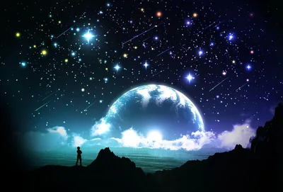 Digital scene of a figure on a dark ridge watching a glowing planet rise, meteors streaking through coloured stars at the top of the frame.