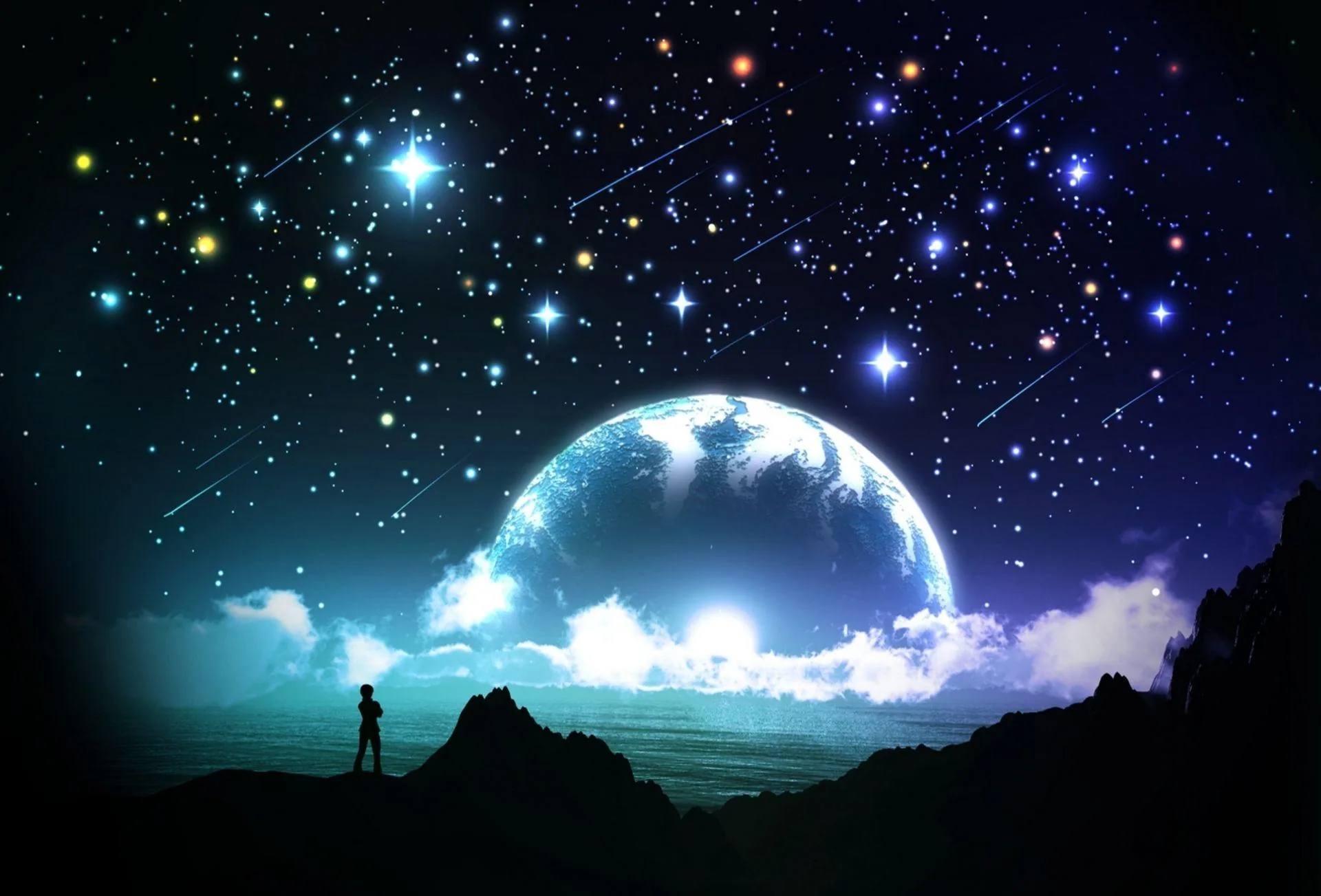 Digital scene of a figure on a dark ridge watching a glowing planet rise, meteors streaking through coloured stars at the top of the frame.