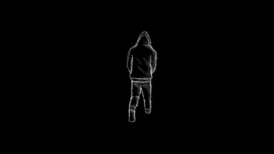 Chalk-like white lines sketch a hooded man walking away, the drawing floating alone at centre so the surrounding black takes icons on either side.