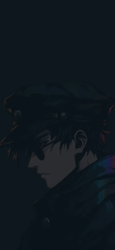 Near-black profile of an anime boy in a wide cap and jacket, only a faint teal rim of light picking out his jaw and shoulder.