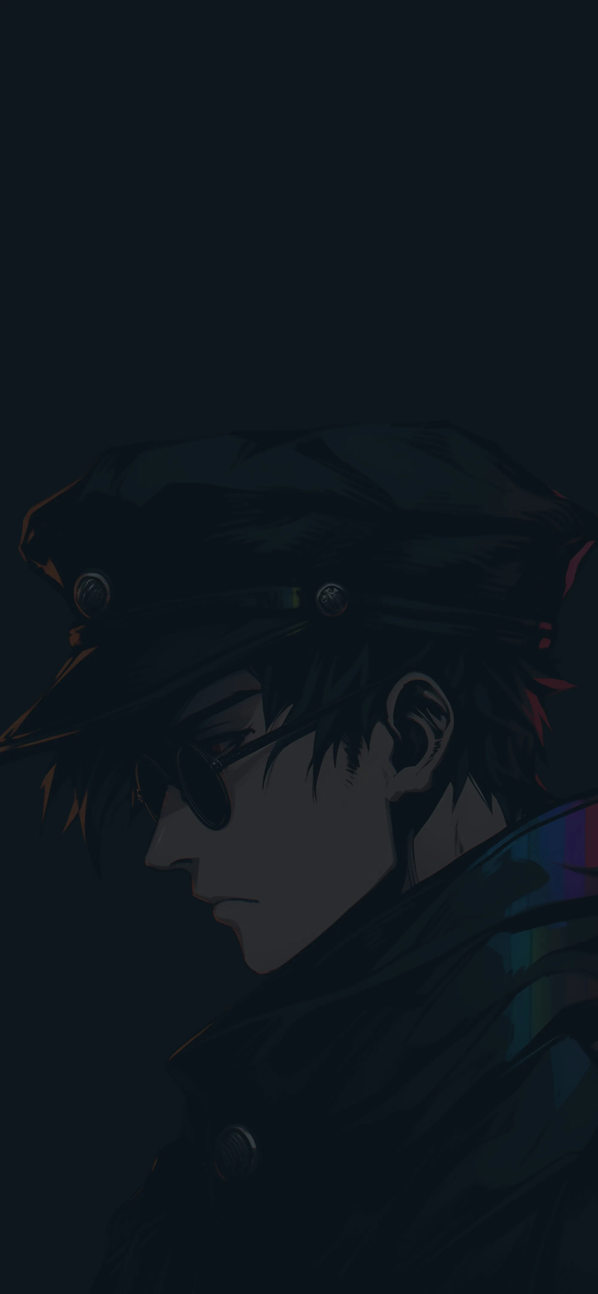 Near-black profile of an anime boy in a wide cap and jacket, only a faint teal rim of light picking out his jaw and shoulder.