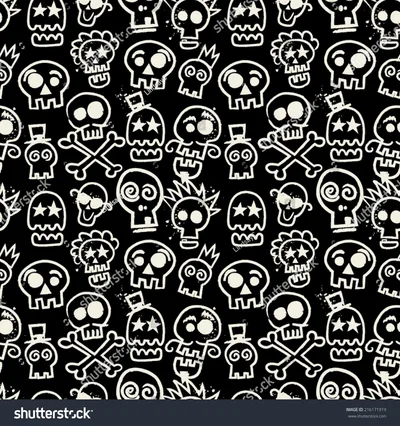 Dozens of hand-drawn cartoon skulls in white outline repeat across black, some in top hats, others with crossbones or star eyes.