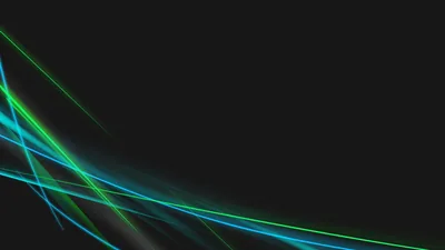 Ribbons of green and blue light fan out from the lower left and taper towards the right edge, the rest of the dark grey frame left empty.