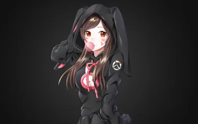 Long brown hair, red eyes and a chewing-gum bubble, the oversized hood pulled up with floppy ears against a soft grey gradient.