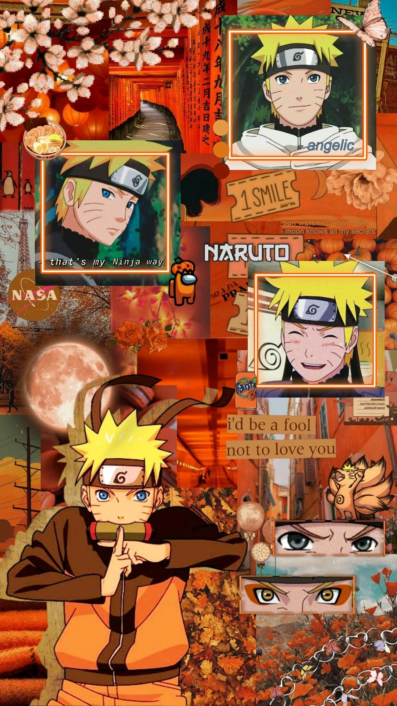 Framed snapshots of Naruto stack into a warm orange scrapbook collage with a full moon and autumn blossoms — busy edge to edge, so it suits minimal icon setups.