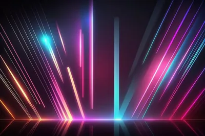 Thin beams of pink, blue and violet light angle down toward a reflective floor, converging near the bottom centre.