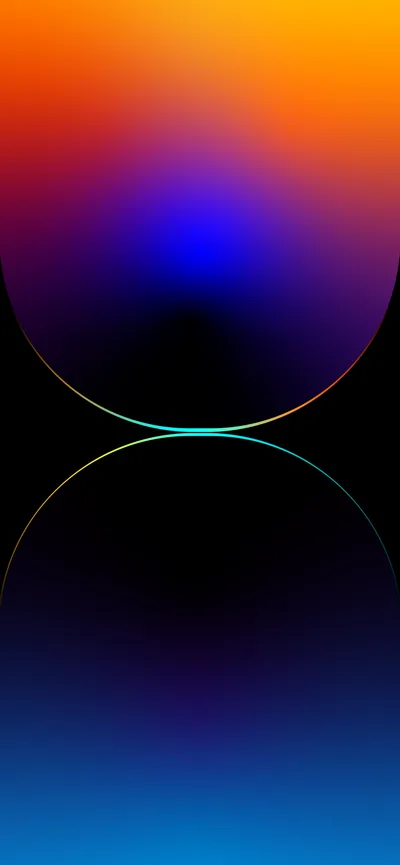 An orange dome of light fades into blue around a dark hollow, mirrored faintly below a thin arc; the black middle band keeps OLED pixels mostly off.