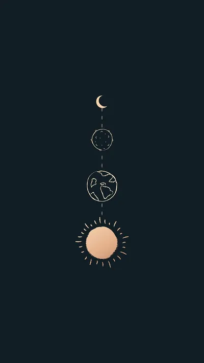 Gold line icons of a crescent, moon, earth and glowing sun stack down the centre of a deep navy field, both side margins left open.