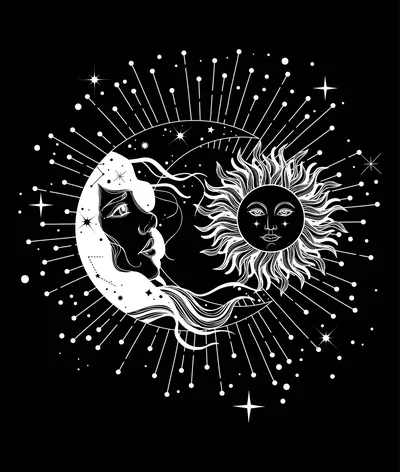 Hand-drawn crescent moon with a sleeping face beside a radiant sun, ringed by starbursts in white ink on solid black.