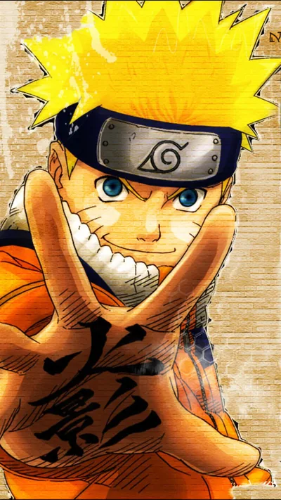 A grinning kid-era Naruto frames the shot with a two-handed sign, set on aged parchment with brushed kanji running beneath him.