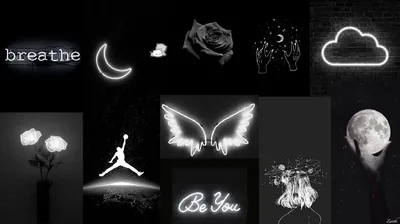 Neon outlines of a moon, a cloud, angel wings and cupped hands sit in a loose grid on black, with the words breathe and be you glowing between them.