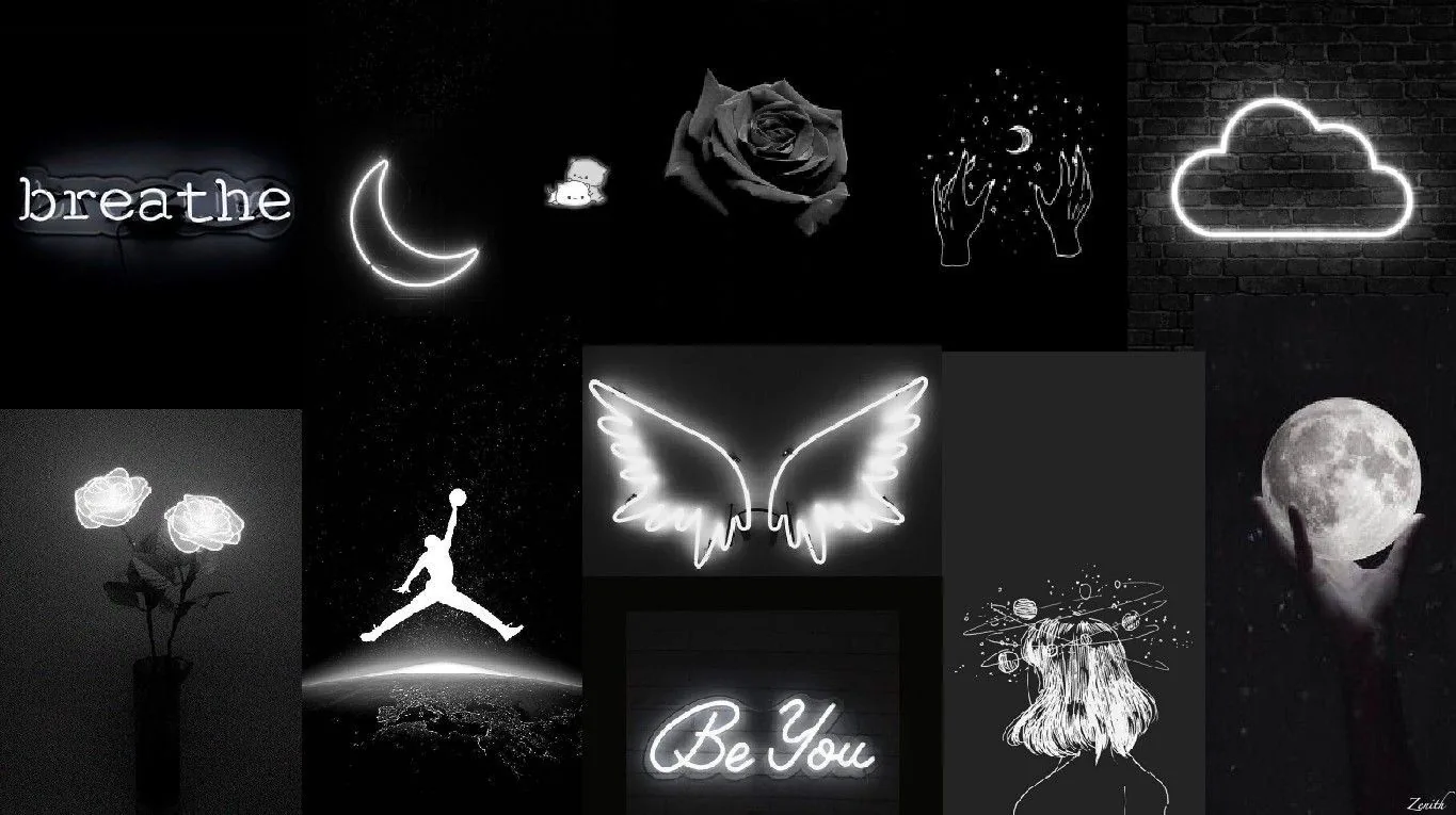 Neon outlines of a moon, a cloud, angel wings and cupped hands sit in a loose grid on black, with the words breathe and be you glowing between them.