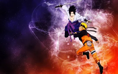 Sasuke somersaults above a leaping Naruto with his sword drawn, the backdrop split between violet lightning and an orange glow rising from below.