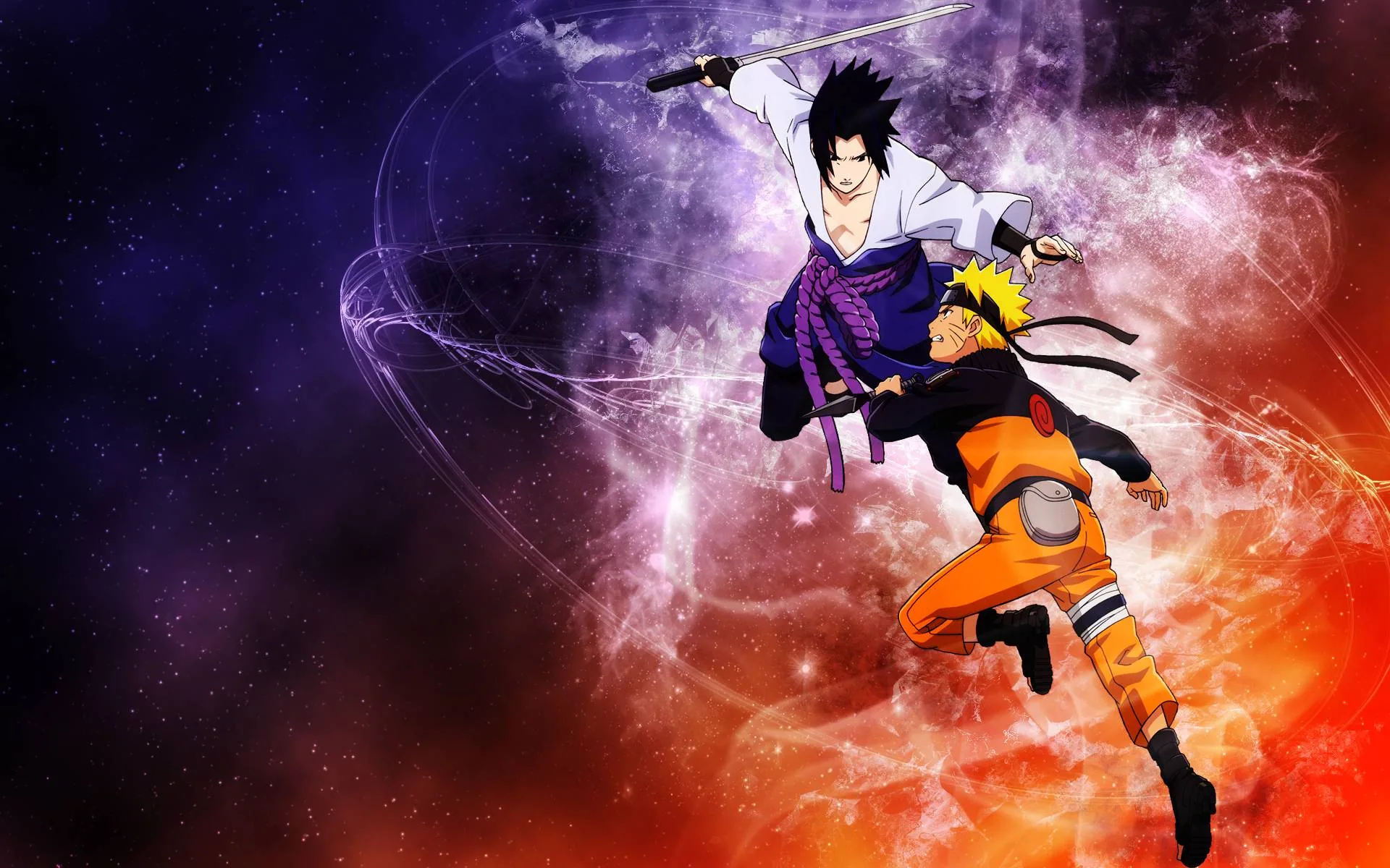 Sasuke somersaults above a leaping Naruto with his sword drawn, the backdrop split between violet lightning and an orange glow rising from below.