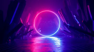 A circle shading from blue into pink stands at the end of a crystal-walled canyon, its glow running down the wet floor toward the viewer.