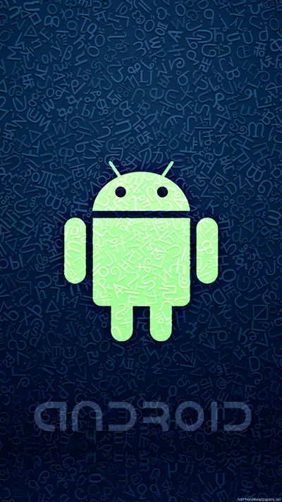 The green Android robot stands on a denim-blue field covered in faint doodles, the android wordmark sitting low where a dock would go.