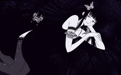 Yuuko reclines across a black field of feathers, two white butterflies drifting toward the pipe in her hand — monochrome from edge to edge.