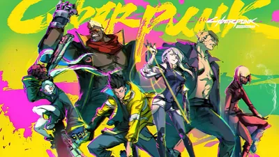 The anime crew strikes poses over splashes of yellow and magenta graffiti, thick paint strokes filling every corner so no area stays truly dark.