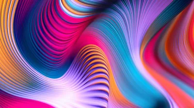 Ridged waves twist through magenta, violet, teal, and orange like combed wet paint, grooves catching light along every crest — no dark space anywhere.