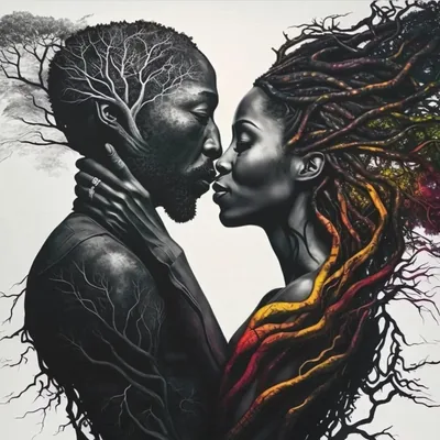 A surreal drawing where the man is drawn in grey bark and roots while the woman locs turn into branches burning orange and yellow at the tips.