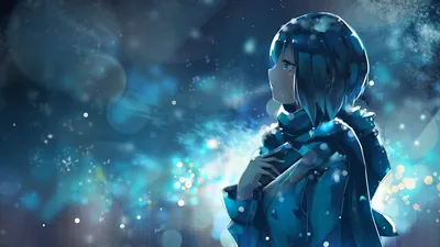 A girl in a heavy blue coat and scarf holds a hand to her chest as snow drifts through cold bokeh light, her profile turned to something out of frame.