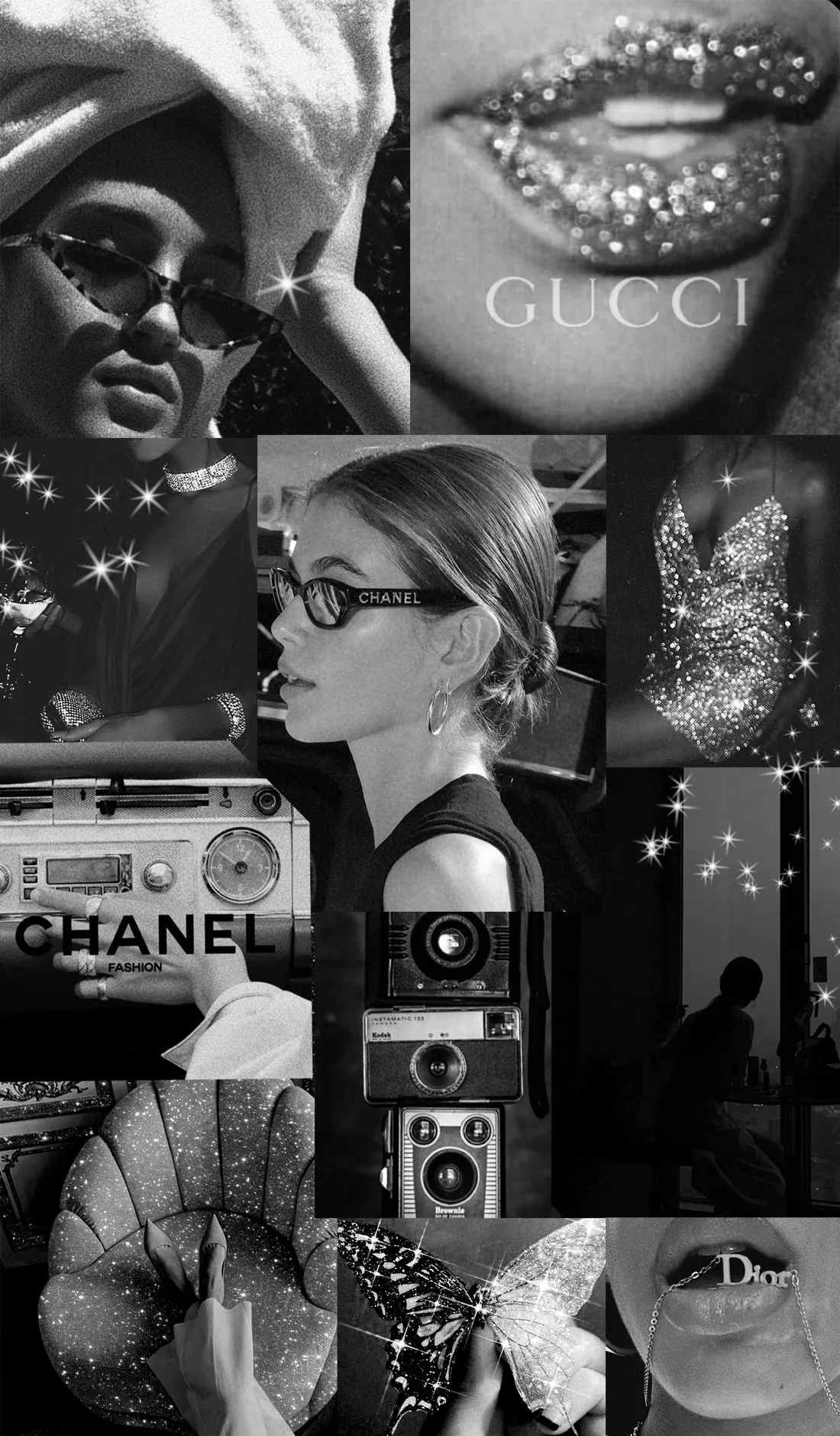 Magazine cut-outs, a boombox and glitter-covered lips are stacked down a tall frame, brand names in white between them.