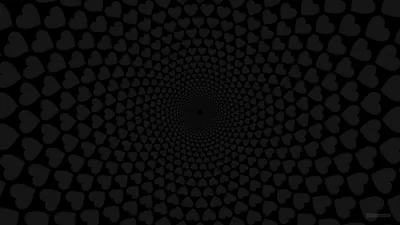Rows of small hearts wind inward in a tightening spiral toward a point at the centre, the whole vortex kept a shade or two above true black.
