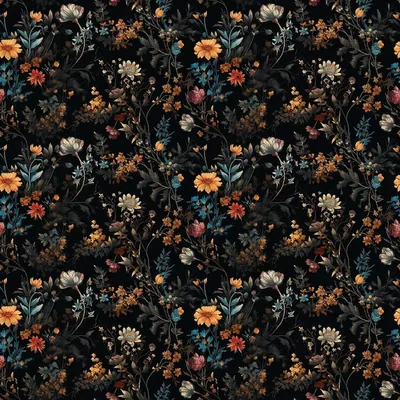 Small marigold, teal and pink blooms with fine stems repeat across black in the style of an old printed cotton, no gaps left between sprigs.