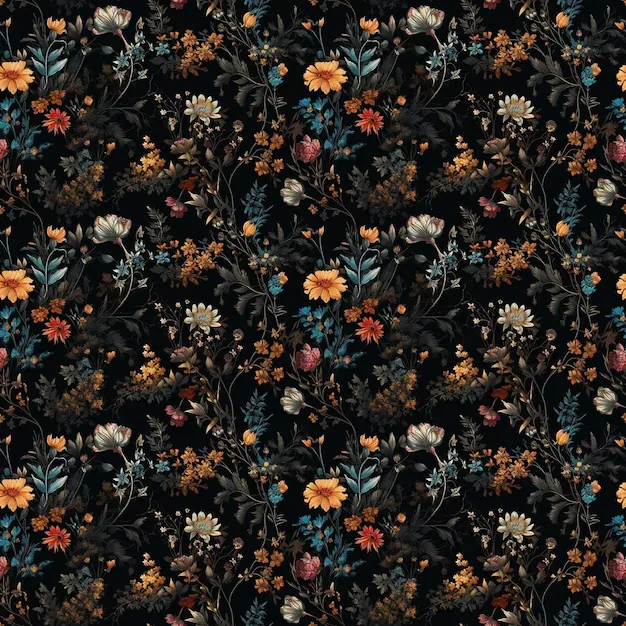 Small marigold, teal and pink blooms with fine stems repeat across black in the style of an old printed cotton, no gaps left between sprigs.