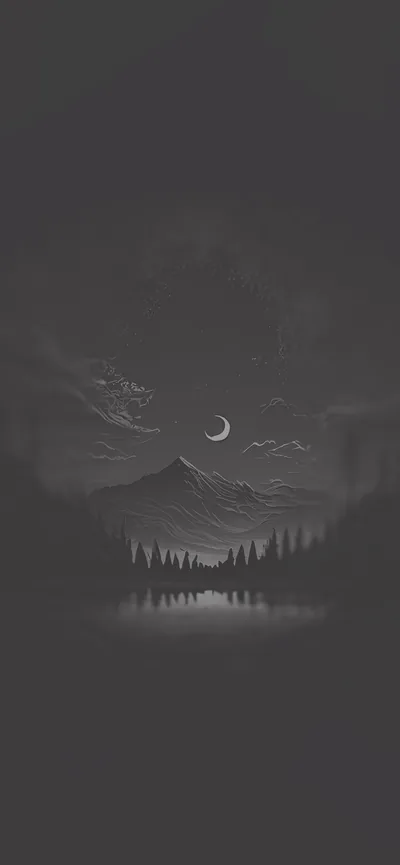 Layers of grey haze sit between a dark peak and a low treeline, a thin crescent showing through the cloud near the top.